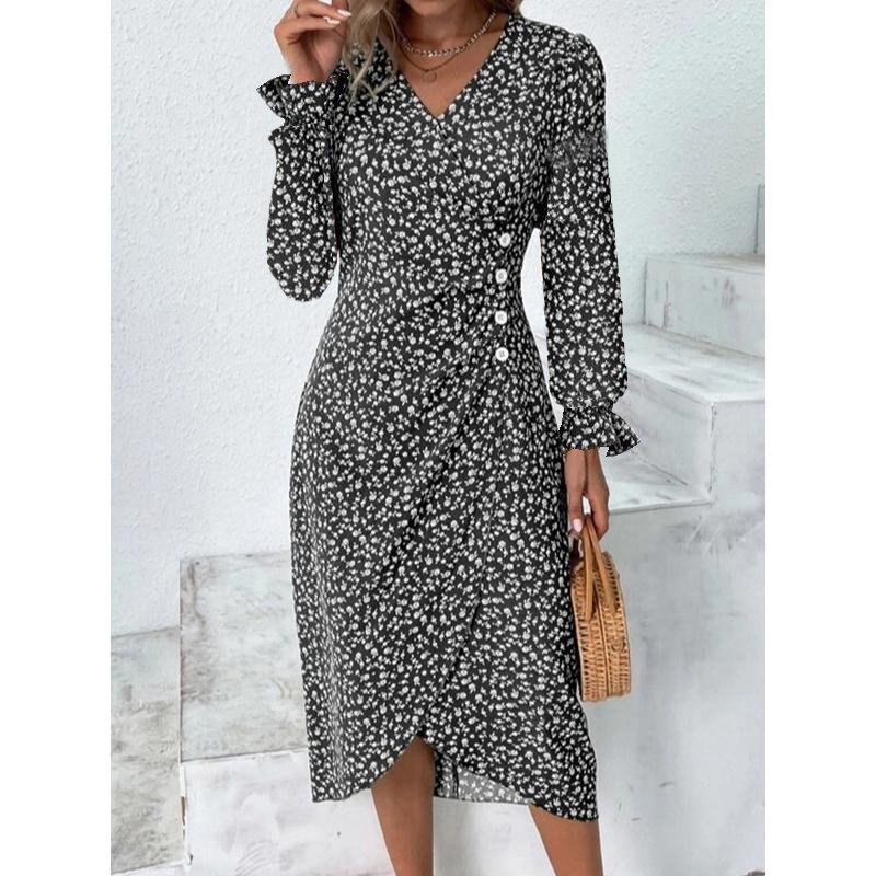 Green Floral V Neck Button Ruched Midi Dress - Image 26