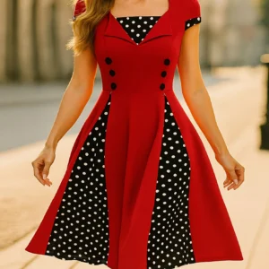 Red Polka Dot Patchwork Vintage Midi Dress