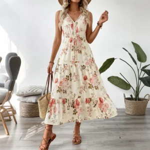 Cream Floral V Neck Sleeveless Maxi Dress