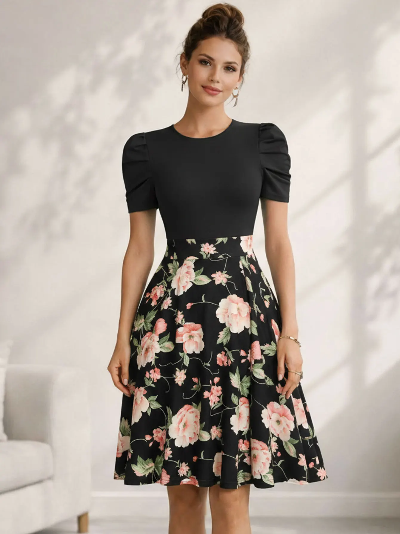 Teal Blue Floral Striped Puff Sleeve Midi Dress - Image 6