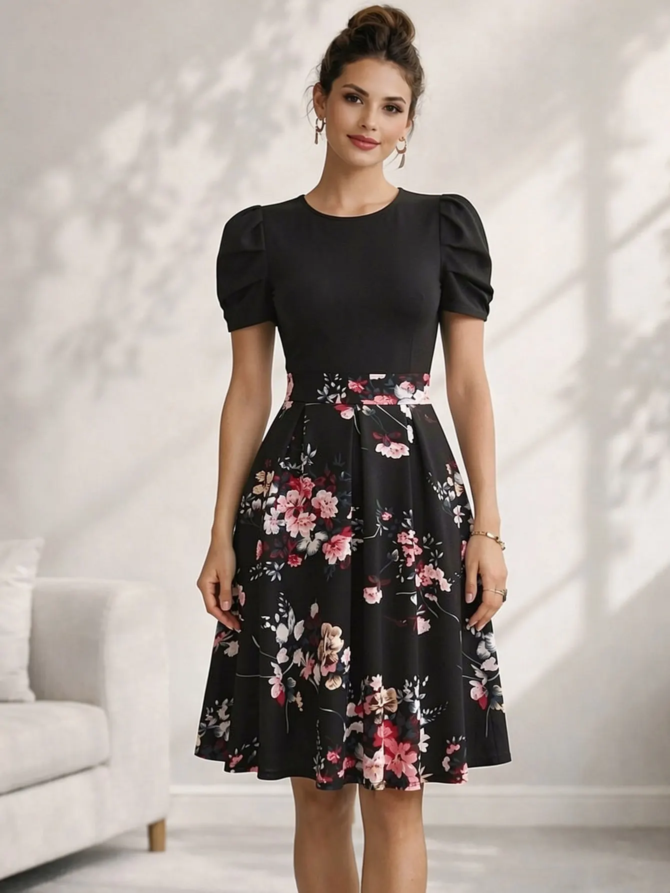 Teal Blue Floral Striped Puff Sleeve Midi Dress - Image 8