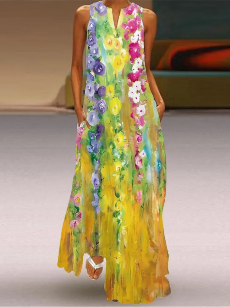 Black Floral Split Neck Sleeveless Maxi Dress - Image 14