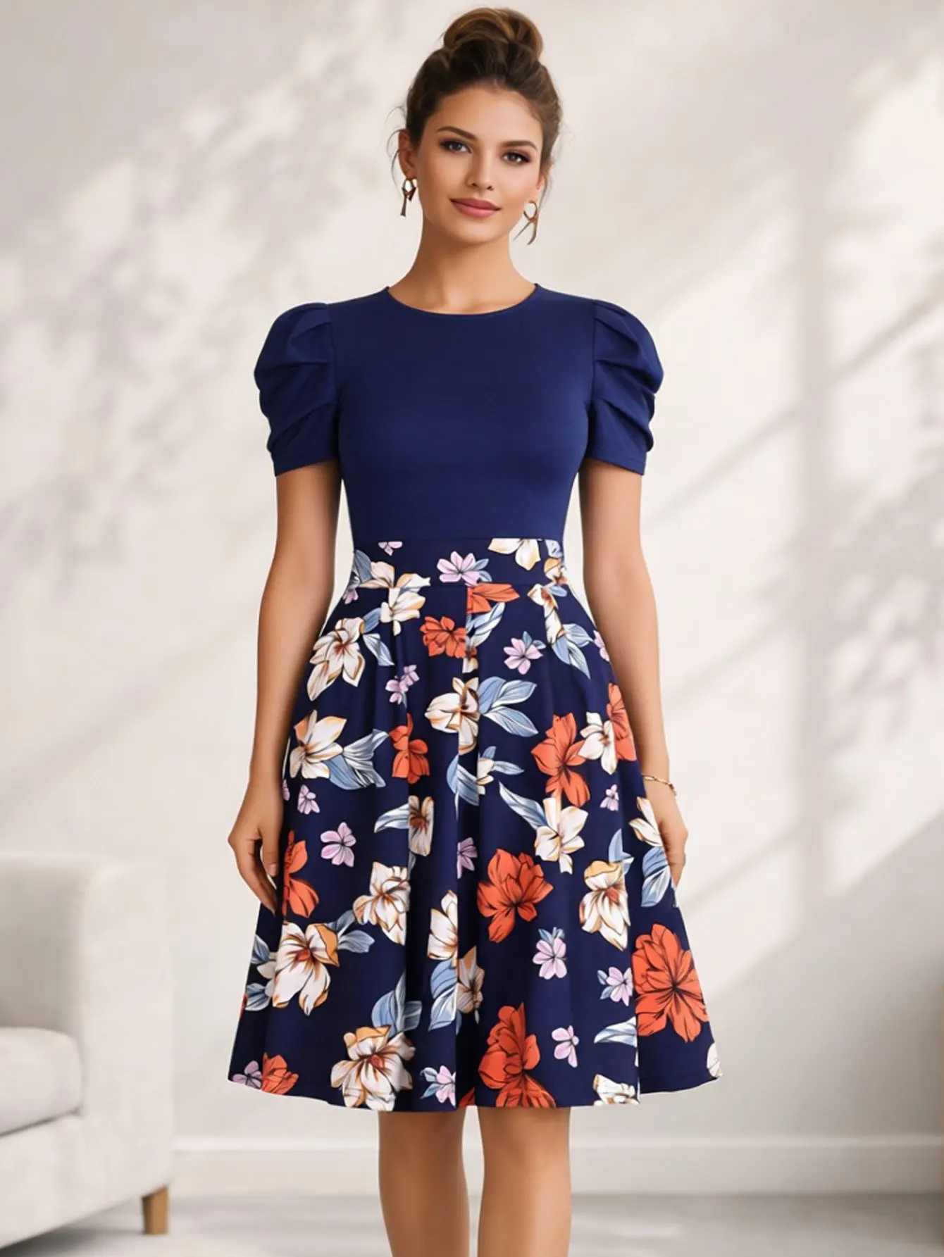 Teal Blue Floral Striped Puff Sleeve Midi Dress - Image 5
