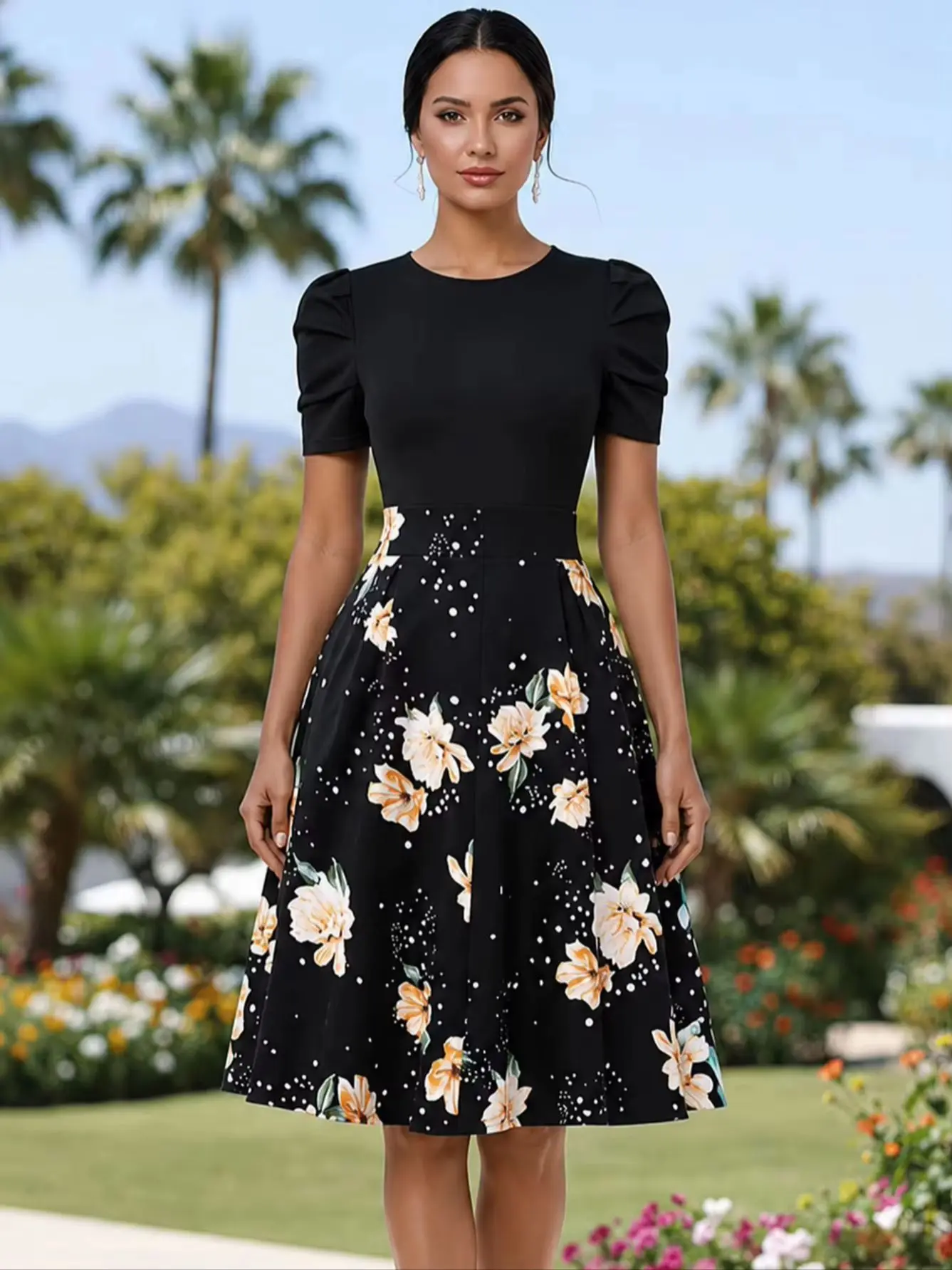 Teal Blue Floral Striped Puff Sleeve Midi Dress - Image 7