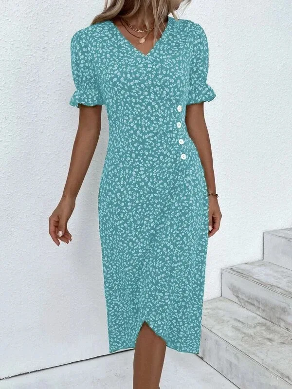 Green Floral V Neck Button Ruched Midi Dress - Image 17