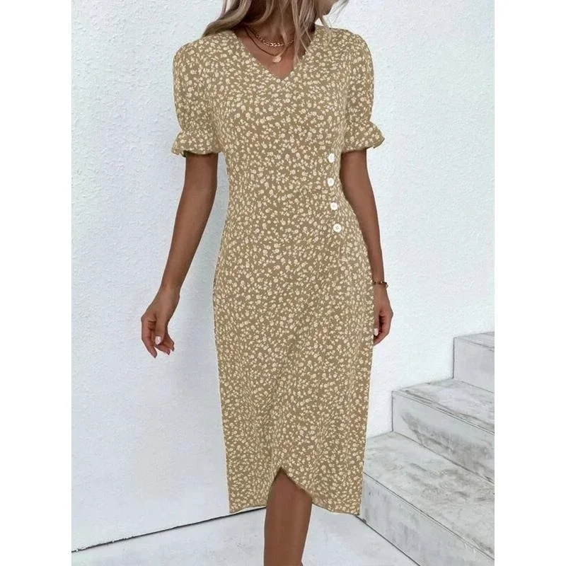 Green Floral V Neck Button Ruched Midi Dress - Image 3
