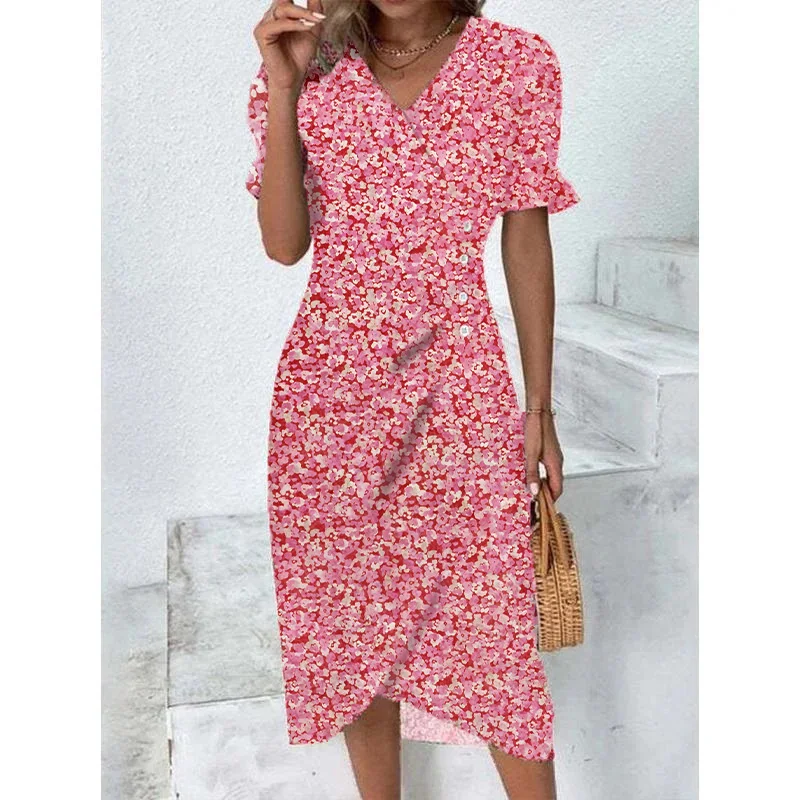Green Floral V Neck Button Ruched Midi Dress - Image 7