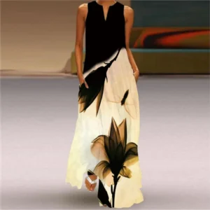 Black Floral Split Neck Sleeveless Maxi Dress