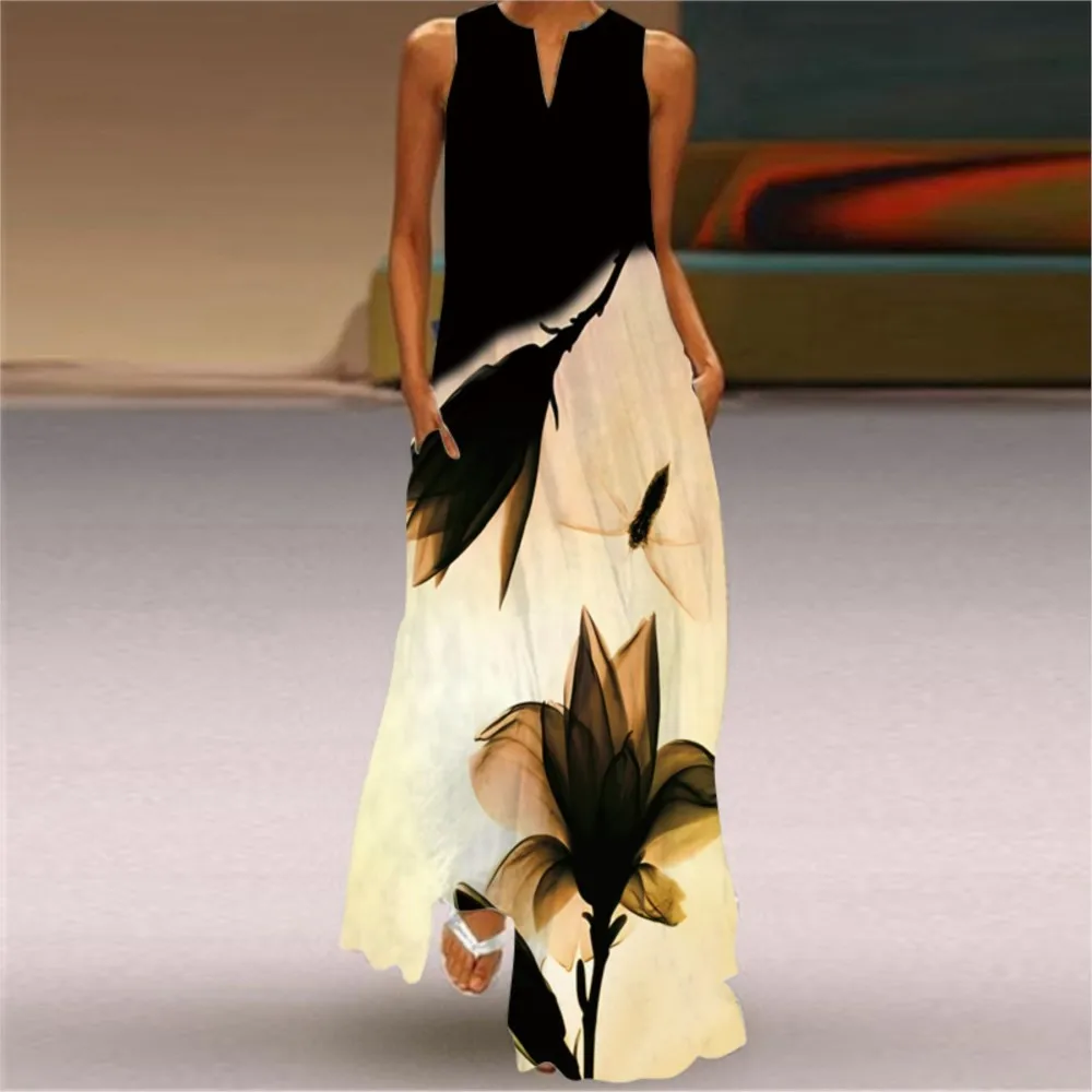 Black Floral Split Neck Sleeveless Maxi Dress