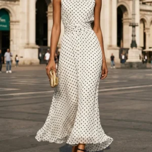 White Polka Dot Sleeveless Belted Maxi Dress