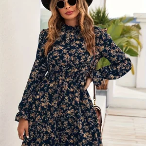 Navy Floral Mock Neck Long Sleeve Mini Dress