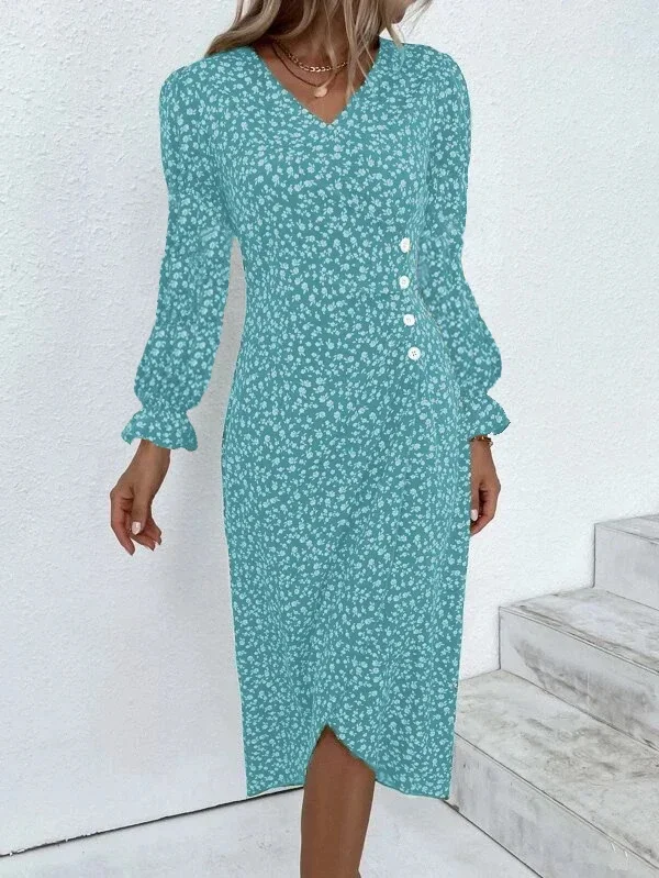 Green Floral V Neck Button Ruched Midi Dress - Image 14