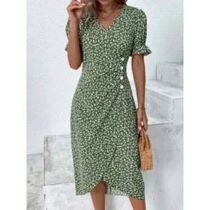 Green Floral V Neck Button Ruched Midi Dress
