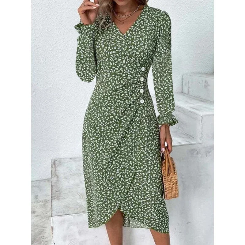 Green Floral V Neck Button Ruched Midi Dress - Image 9