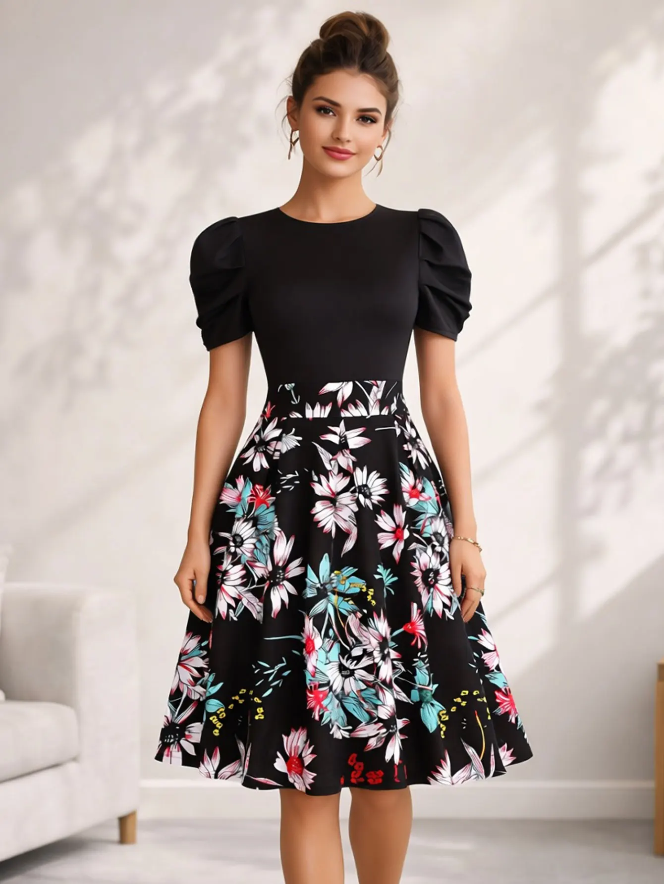Teal Blue Floral Striped Puff Sleeve Midi Dress - Image 9