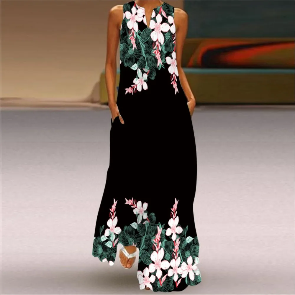Black Floral Split Neck Sleeveless Maxi Dress - Image 4