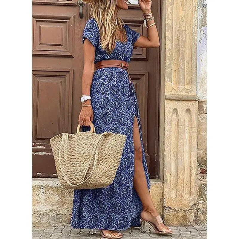 Boho Floral V Neck Belted Maxi Dress - Image 3