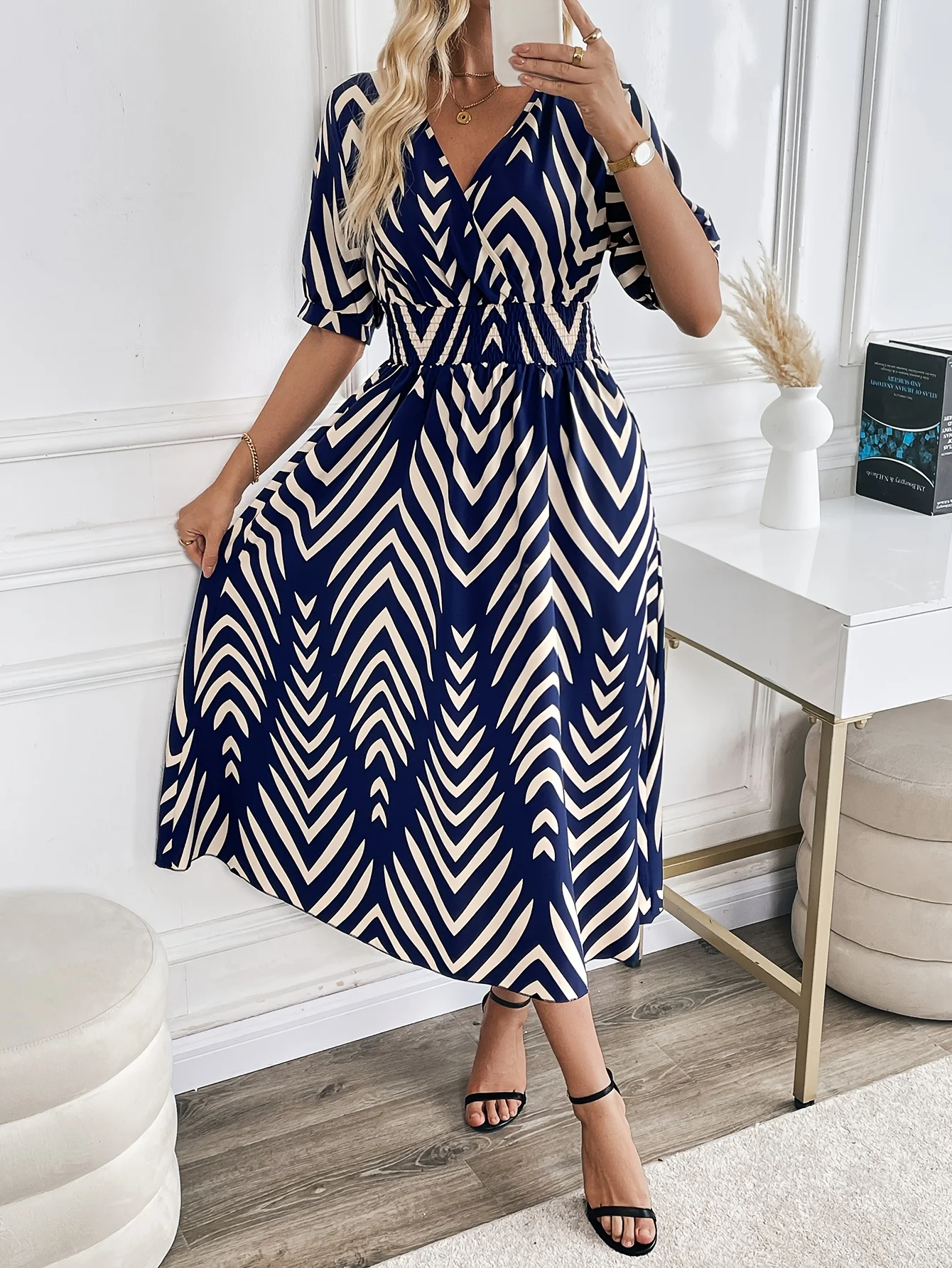 Navy Geometric V Neck Short Sleeve Maxi Dress - Image 6