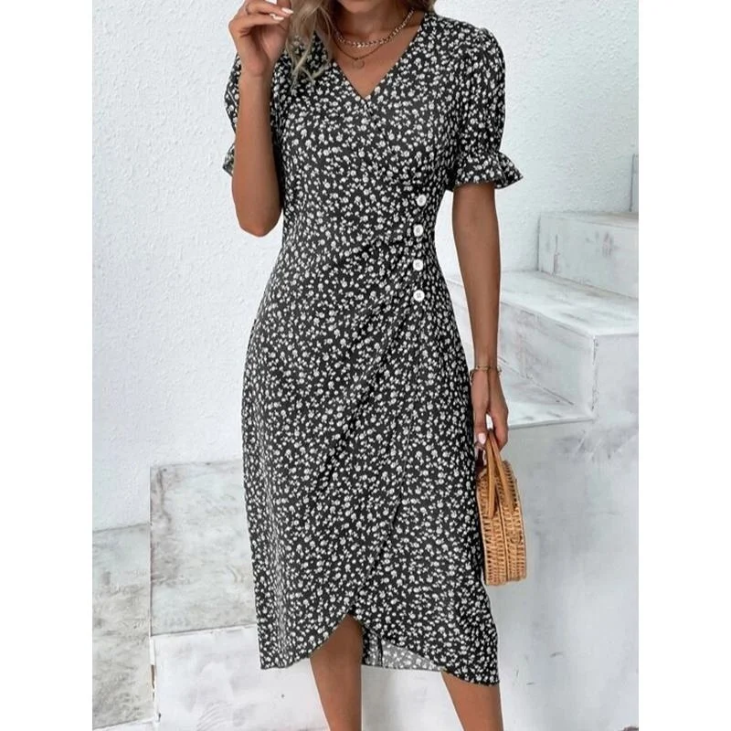 Green Floral V Neck Button Ruched Midi Dress - Image 21