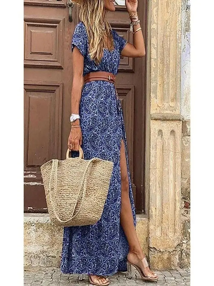 Boho Floral V Neck Belted Maxi Dress - Image 5