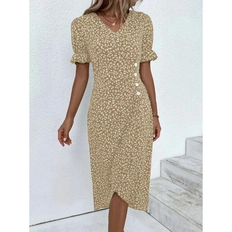 Green Floral V Neck Button Ruched Midi Dress - Image 19