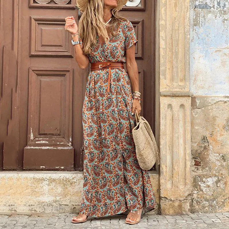 Boho Floral V Neck Belted Maxi Dress - Image 4