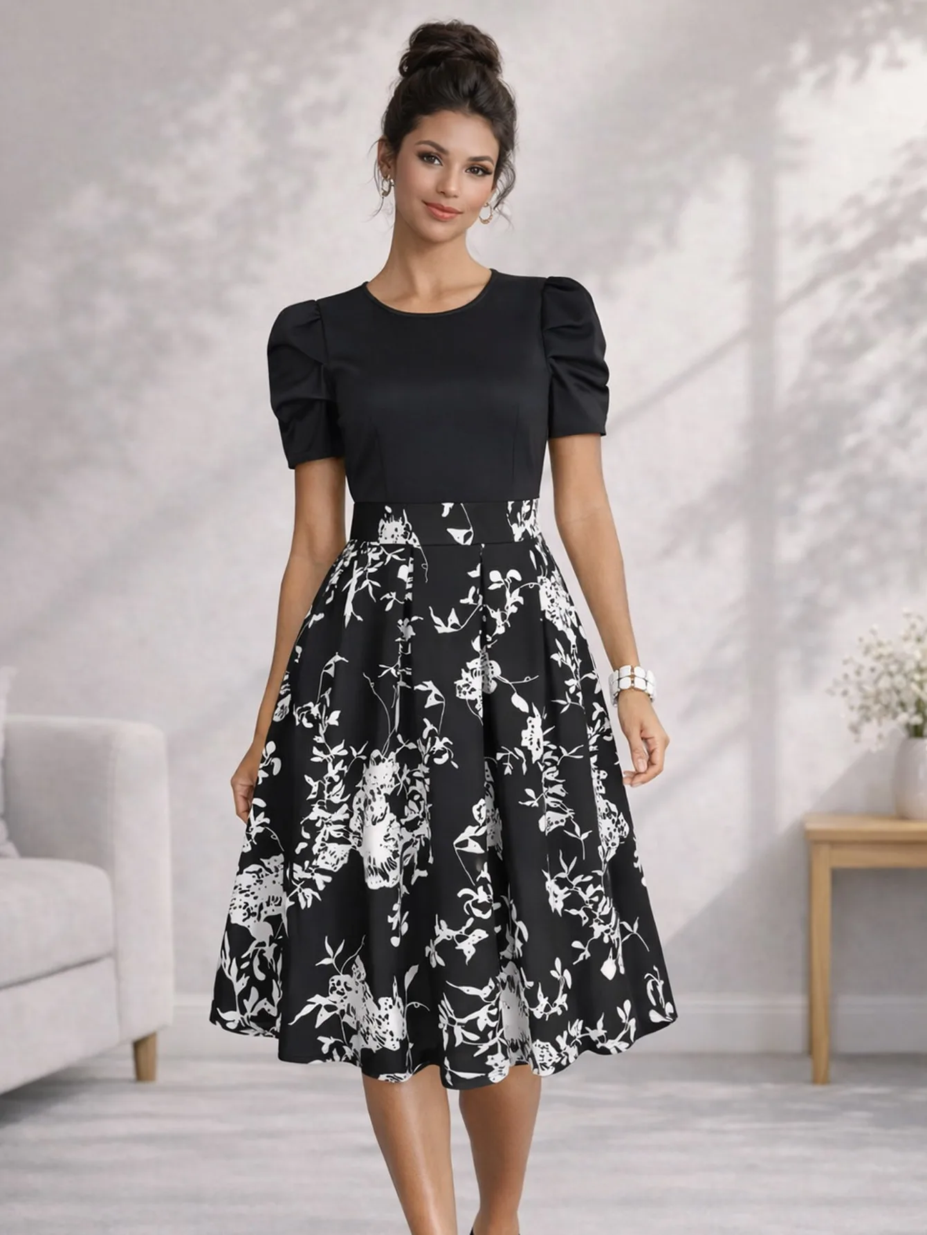 Teal Blue Floral Striped Puff Sleeve Midi Dress - Image 3