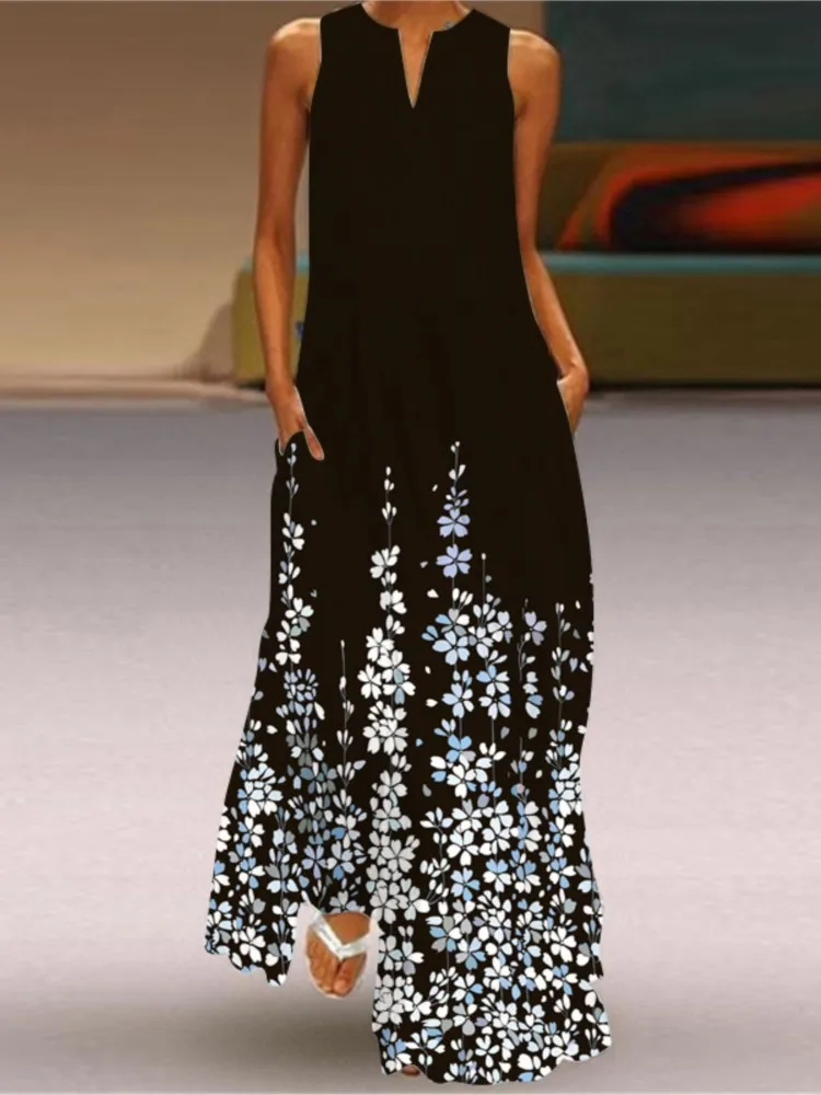 Black Floral Split Neck Sleeveless Maxi Dress - Image 7