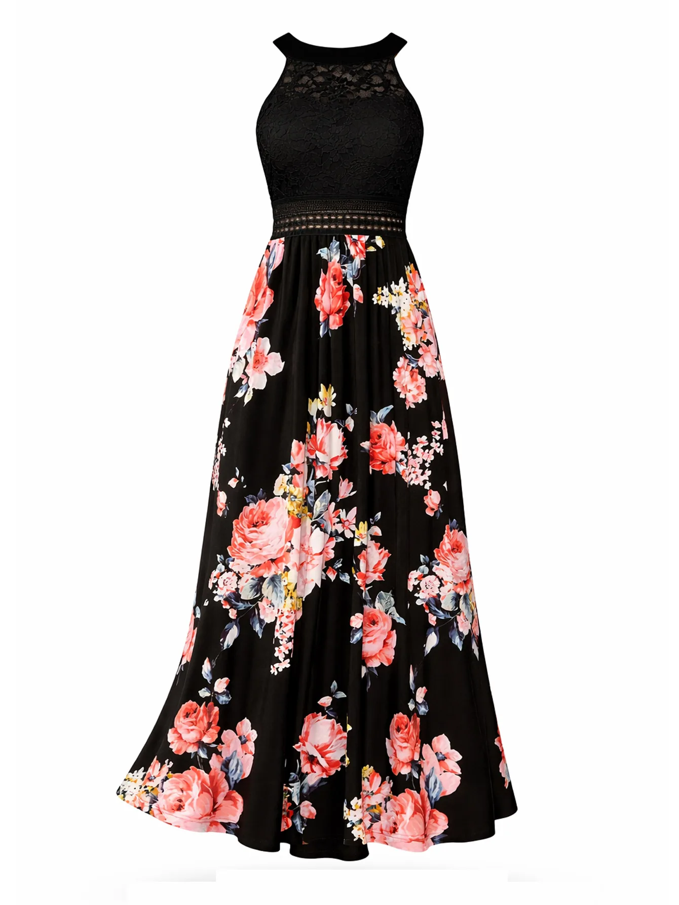Black Floral Halter Lace Waist Maxi Dress - Image 5
