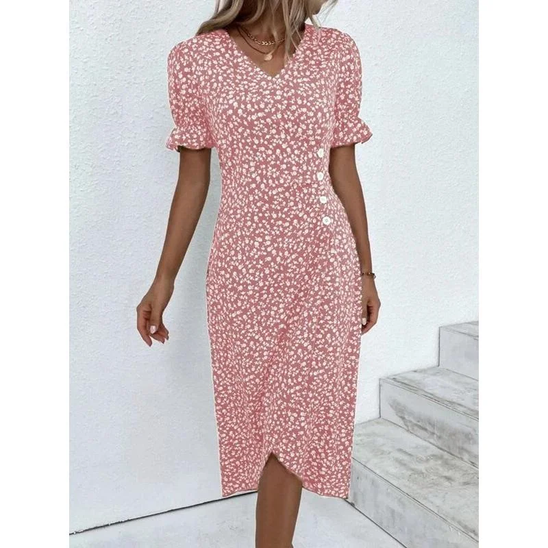 Green Floral V Neck Button Ruched Midi Dress - Image 20