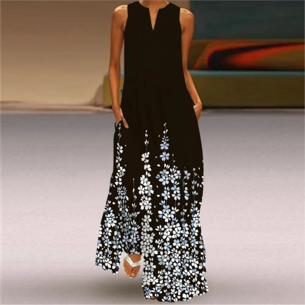 Black Floral Split Neck Sleeveless Maxi Dress - Image 3