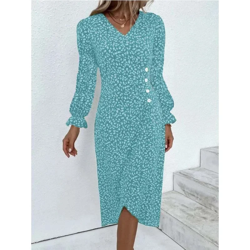 Green Floral V Neck Button Ruched Midi Dress - Image 6