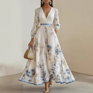 Cream Floral Pleated V Neck Long Sleeve Maxi Dress