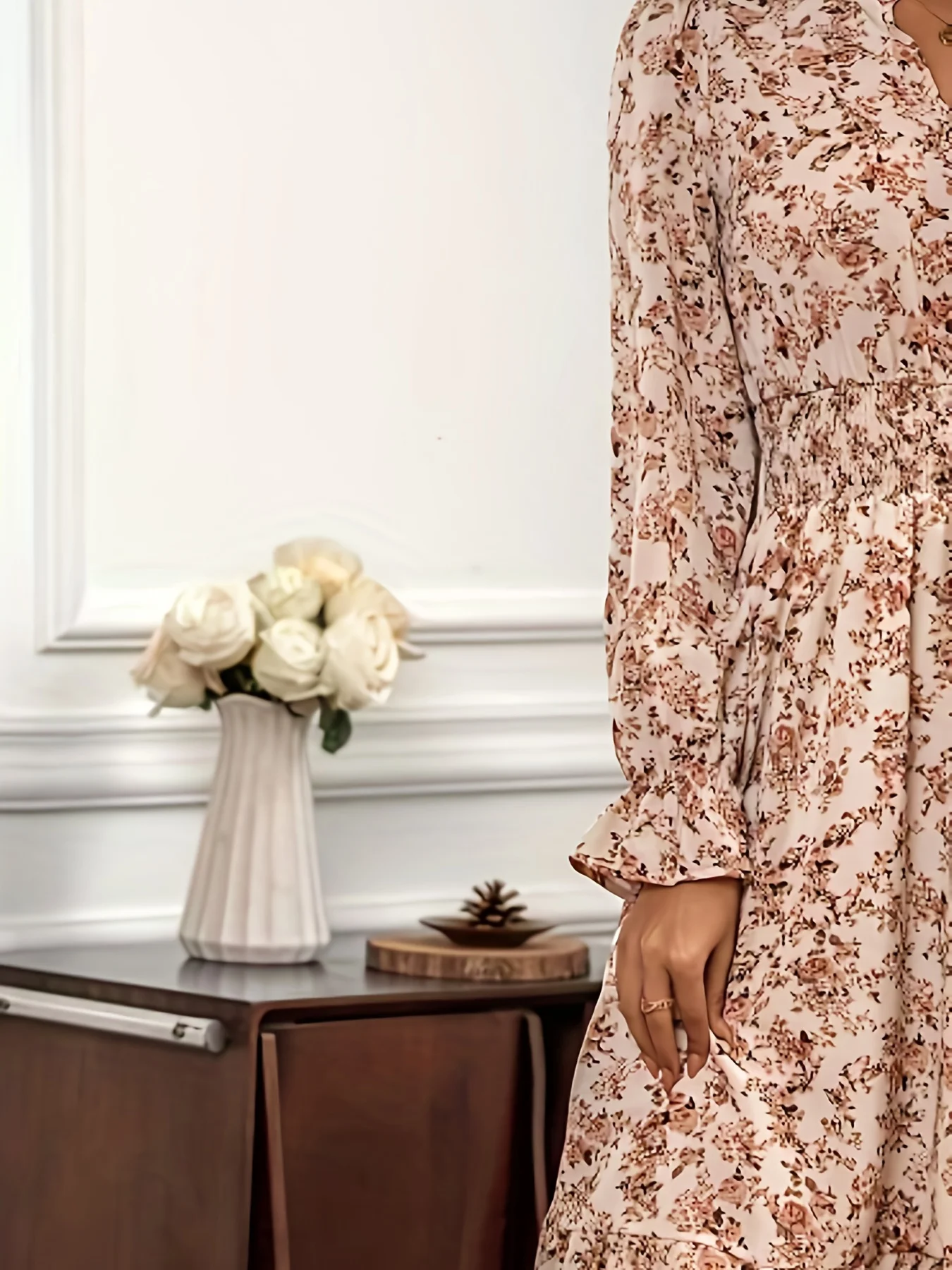 Beige Floral V Neck Long Sleeve Midi Dress - Image 4