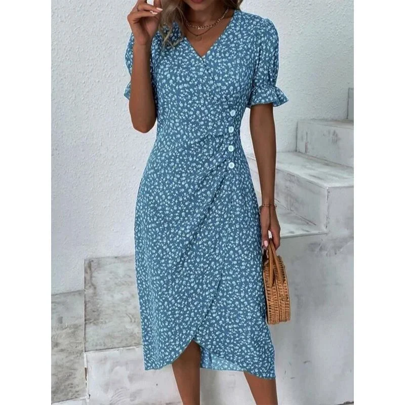 Green Floral V Neck Button Ruched Midi Dress - Image 8