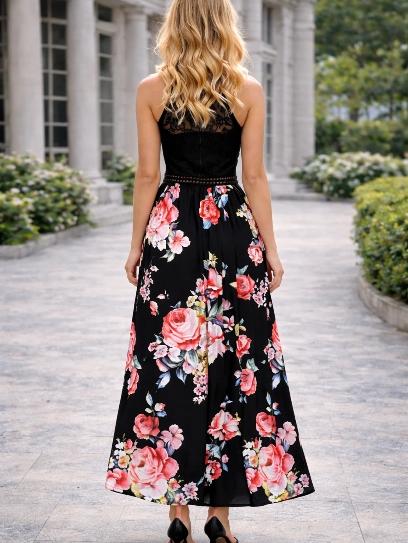 Black Floral Halter Lace Waist Maxi Dress - Image 4