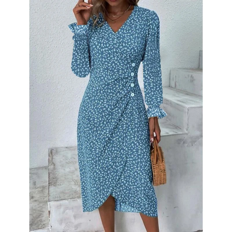 Green Floral V Neck Button Ruched Midi Dress - Image 27