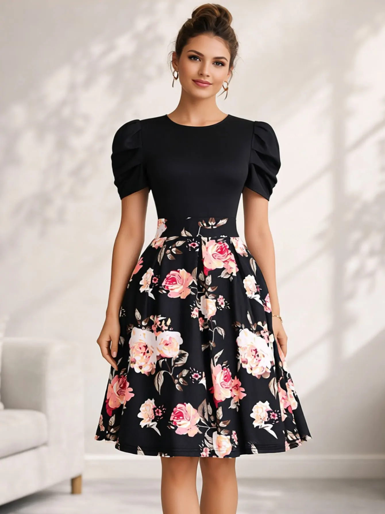 Teal Blue Floral Striped Puff Sleeve Midi Dress - Image 4