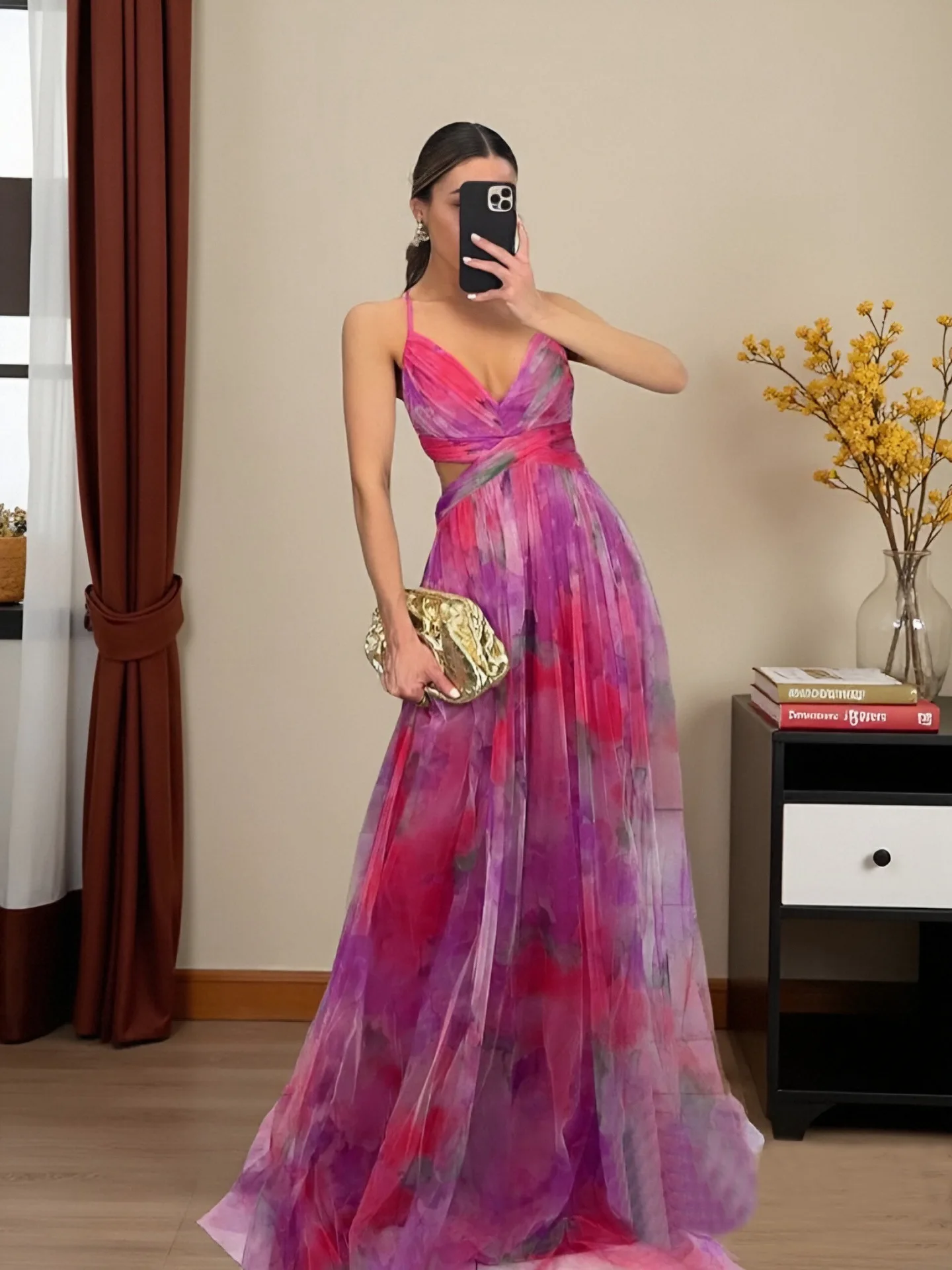 Yellow Watercolor Printed Cami Maxi Evening Dress - Image 4