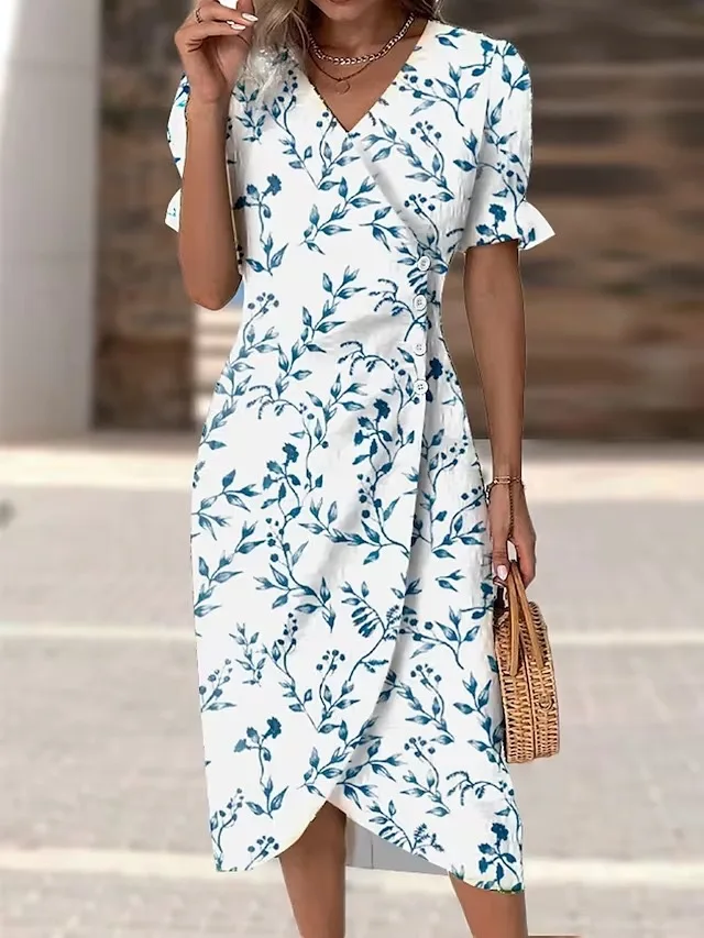 Green Floral V Neck Button Ruched Midi Dress - Image 22