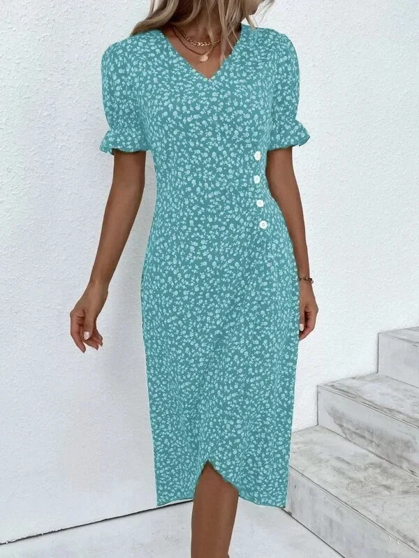Green Floral V Neck Button Ruched Midi Dress - Image 13