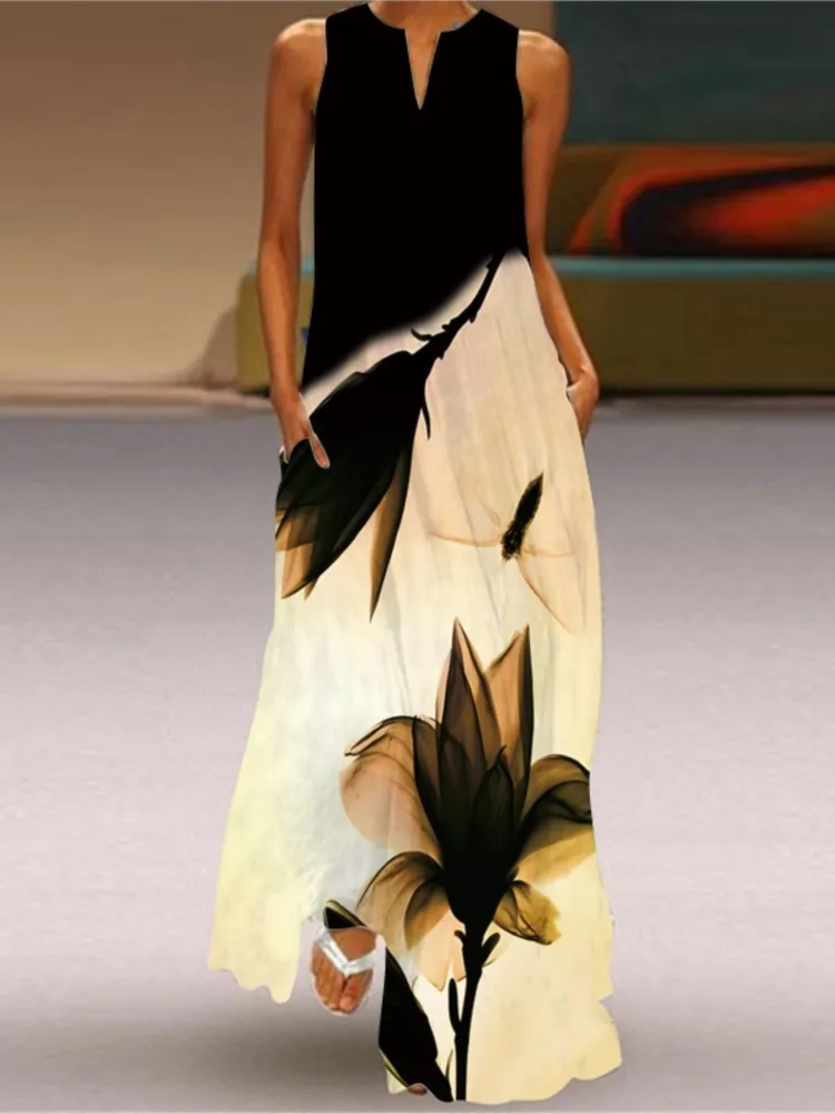 Black Floral Split Neck Sleeveless Maxi Dress - Image 8