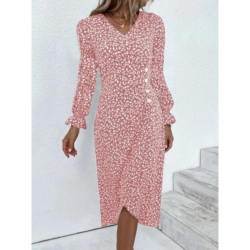 Green Floral V Neck Button Ruched Midi Dress - Image 28
