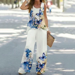 Blue Butterfly Print Sleeveless Two Piece Set