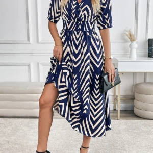 Navy Geometric V Neck Short Sleeve Maxi Dress