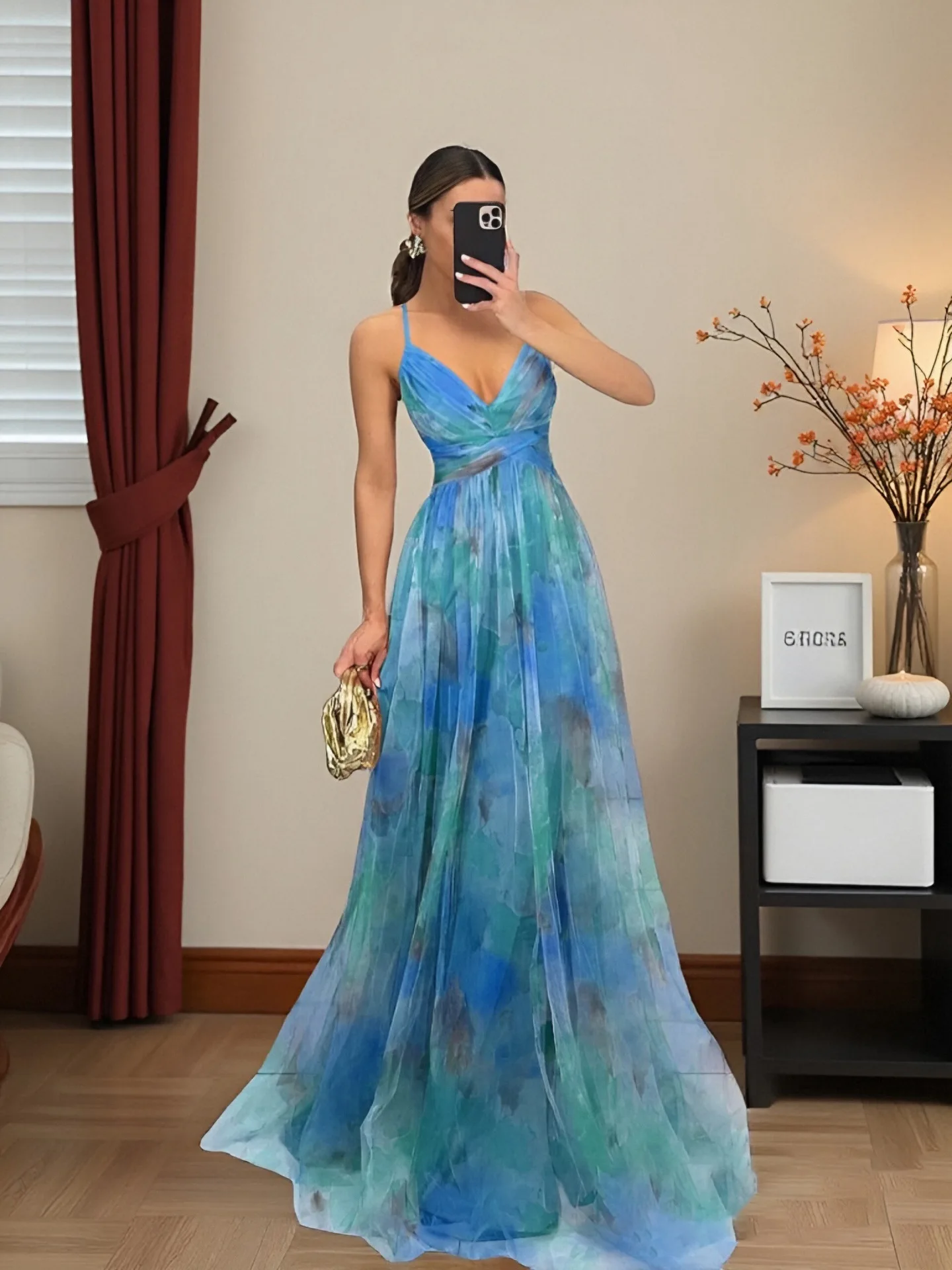 Yellow Watercolor Printed Cami Maxi Evening Dress - Image 6