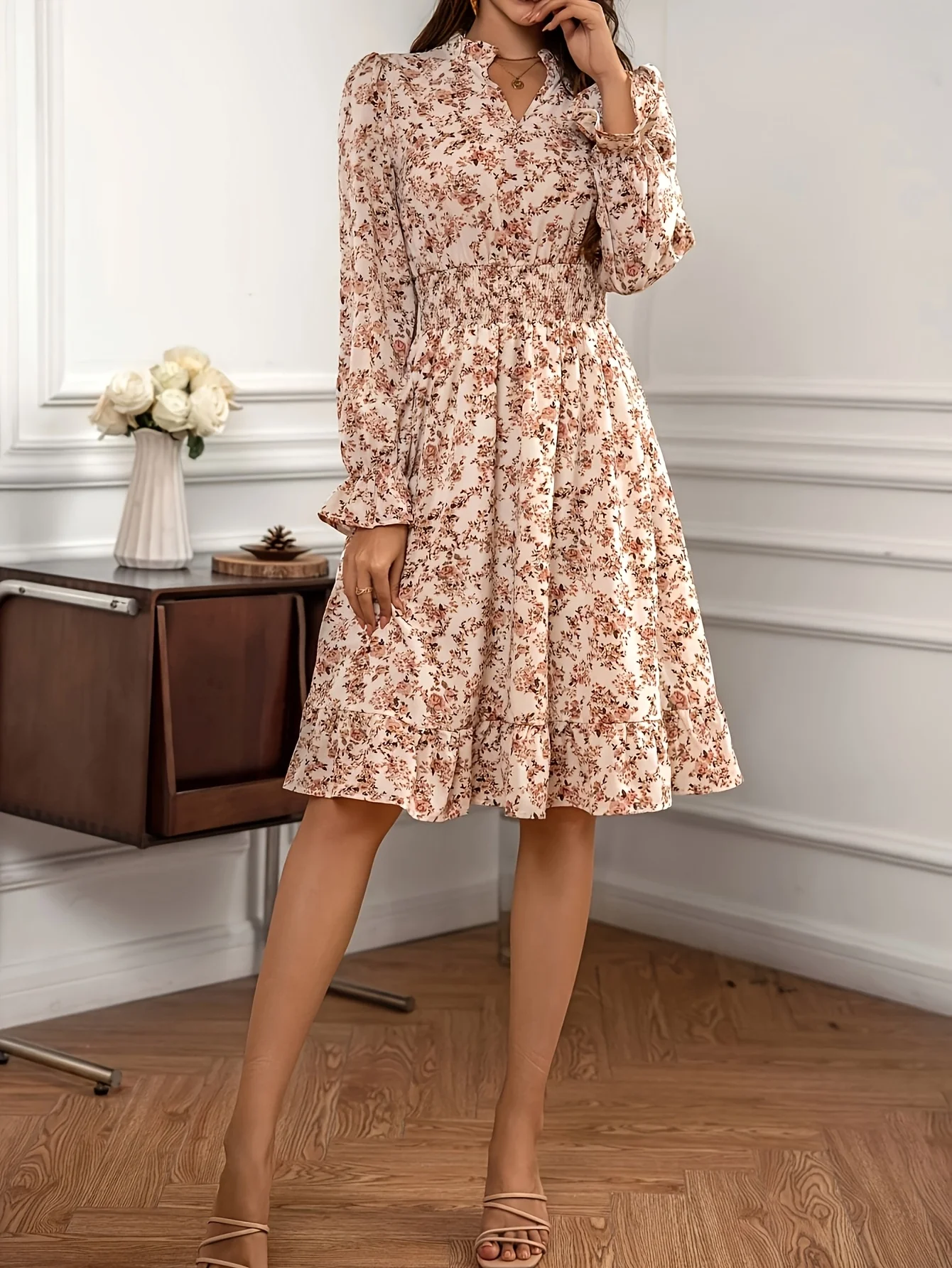 Beige Floral V Neck Long Sleeve Midi Dress - Image 11