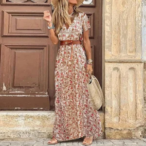 Boho Floral V Neck Belted Maxi Dress