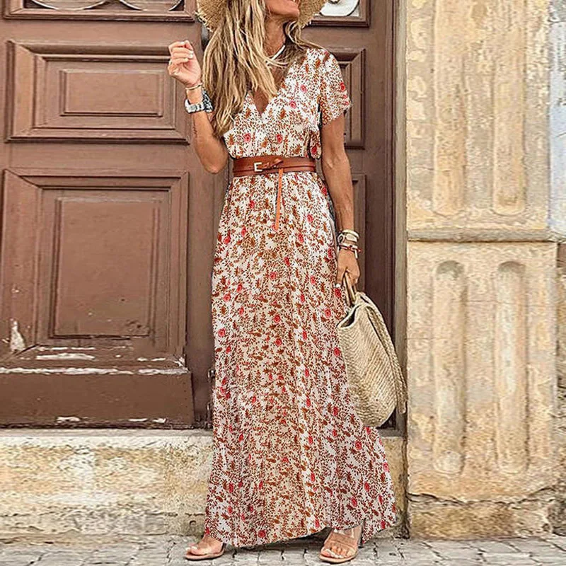Boho Floral V Neck Belted Maxi Dress