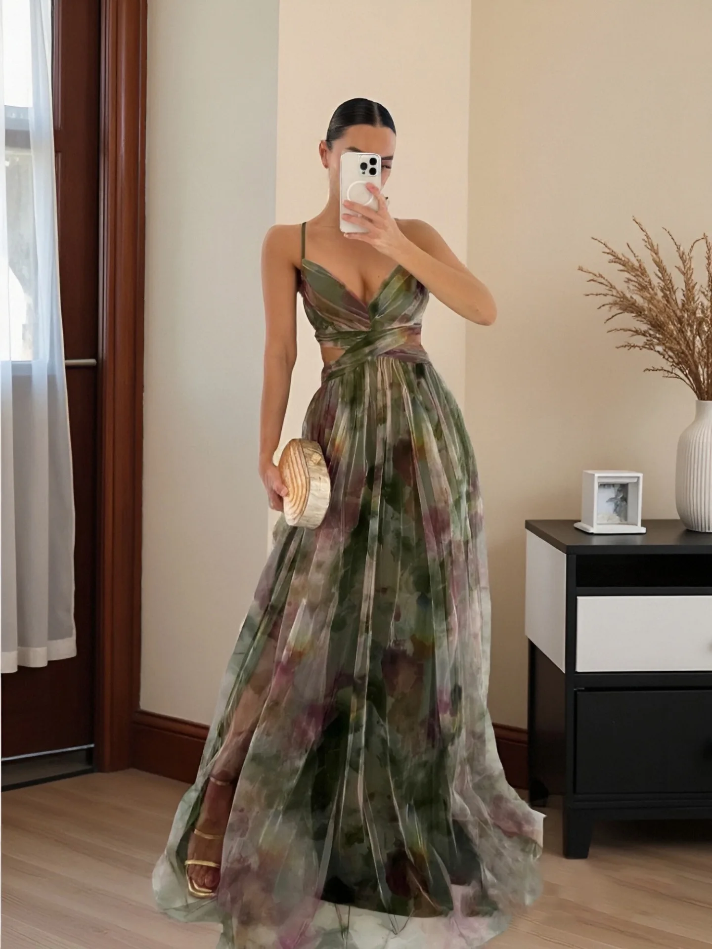 Yellow Watercolor Printed Cami Maxi Evening Dress - Image 2